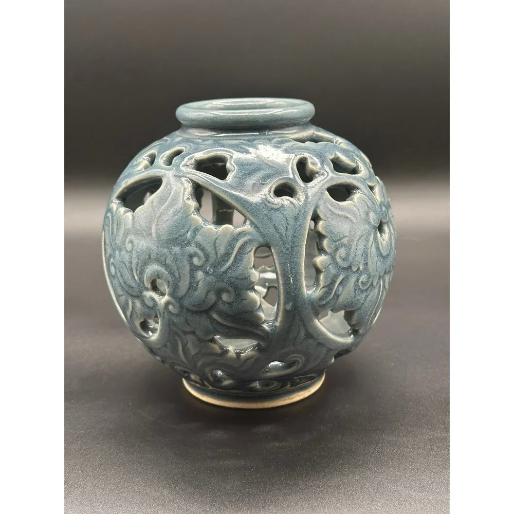 Baan Celadon Blue Ceramic Reticulated Vase Thailand Hand Carved 6x6 Vintage